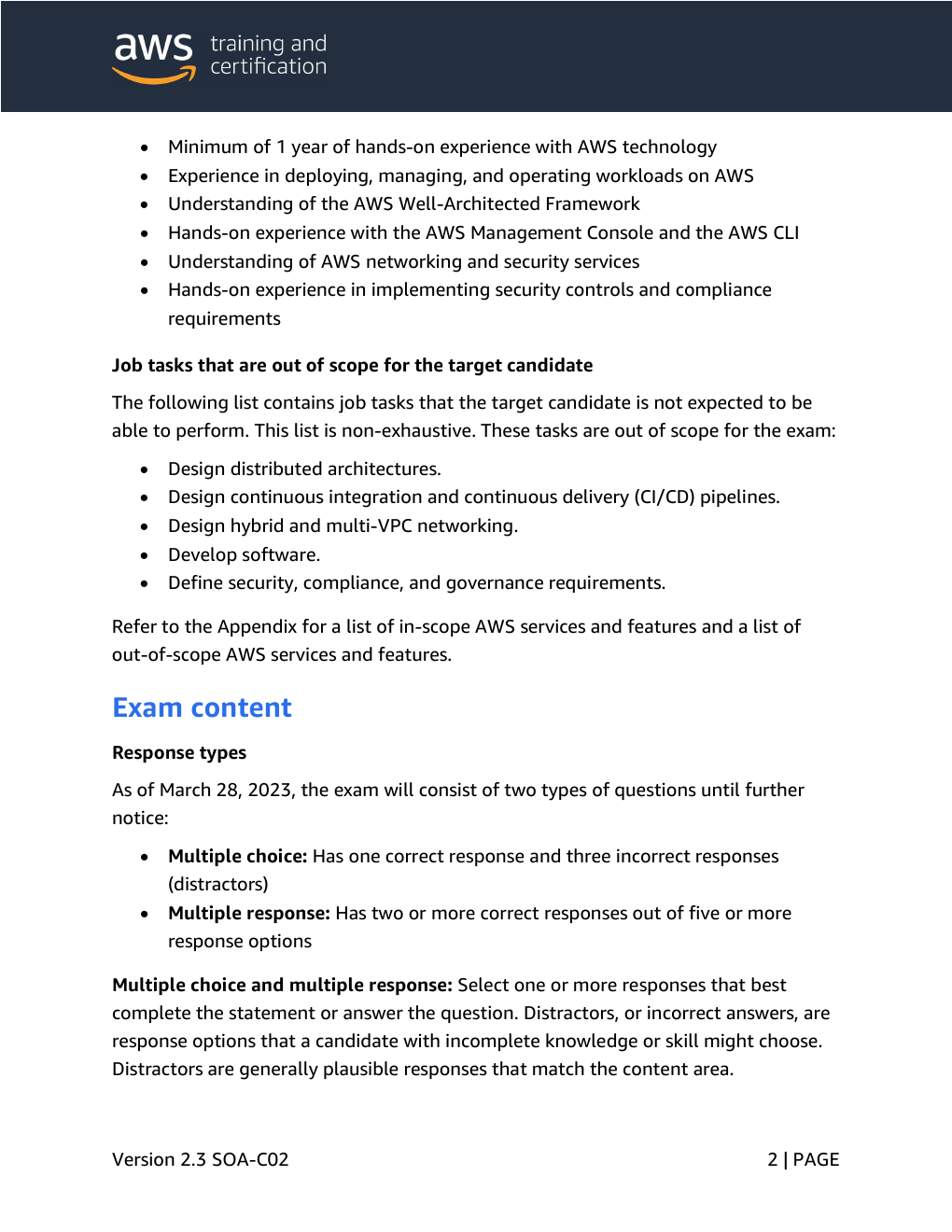 Second page of the official AWS SOA-C02 exam guide