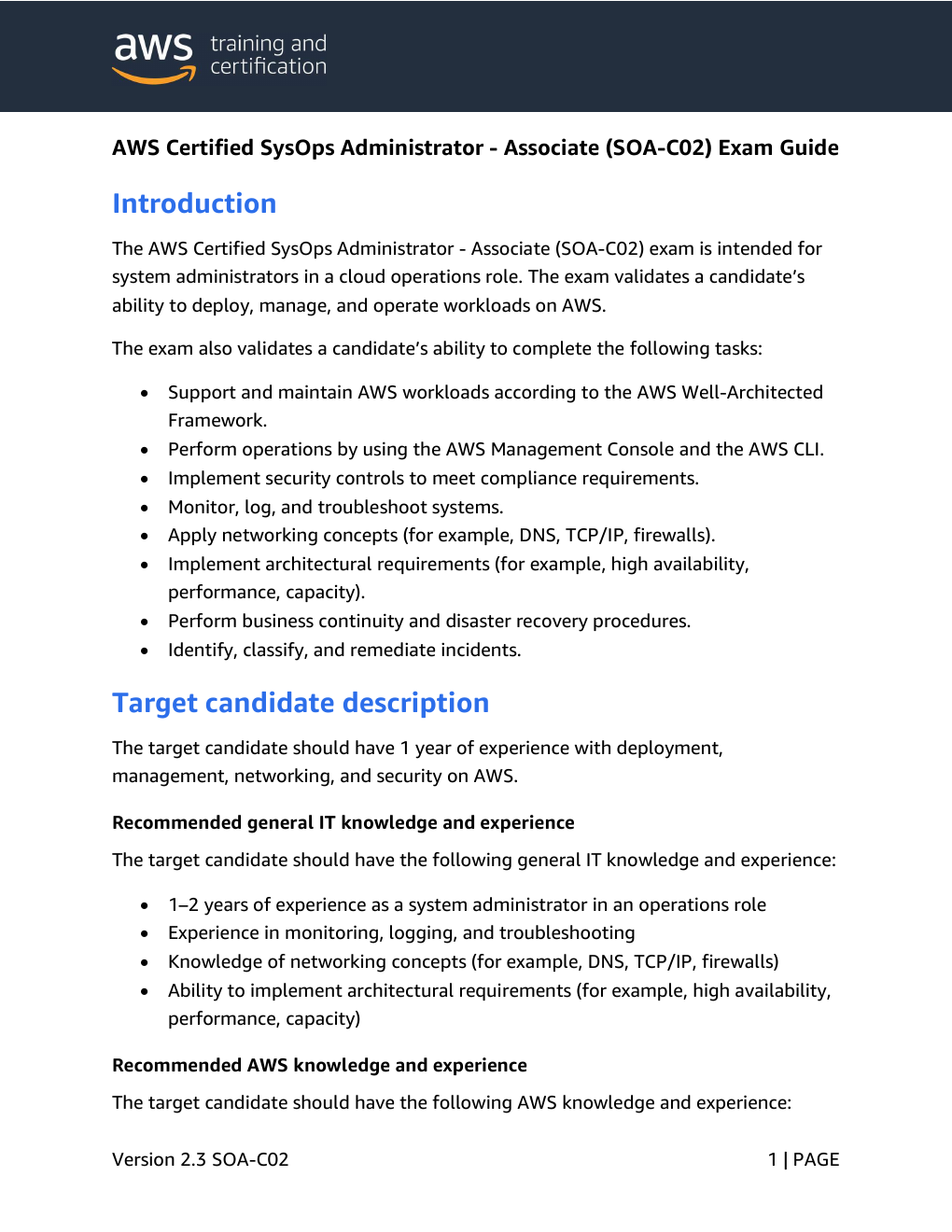 First page of the official AWS SOA-C02 exam guide