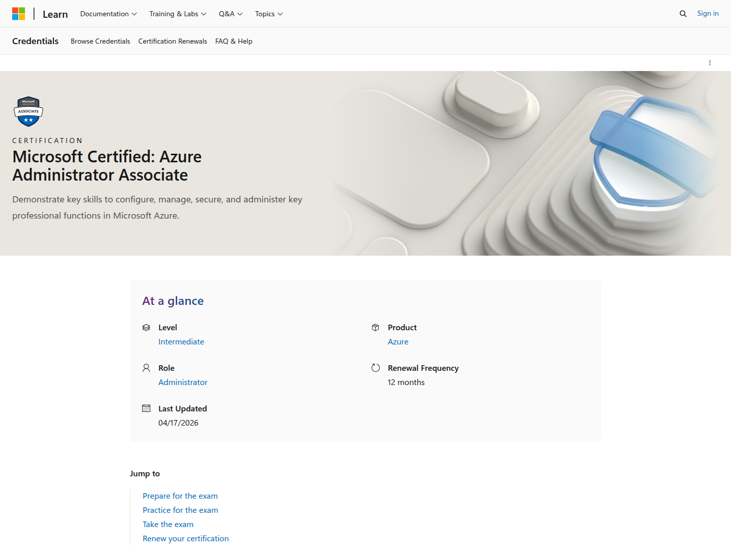 Official Microsoft Learn AZ-104 exam and assessed skills page