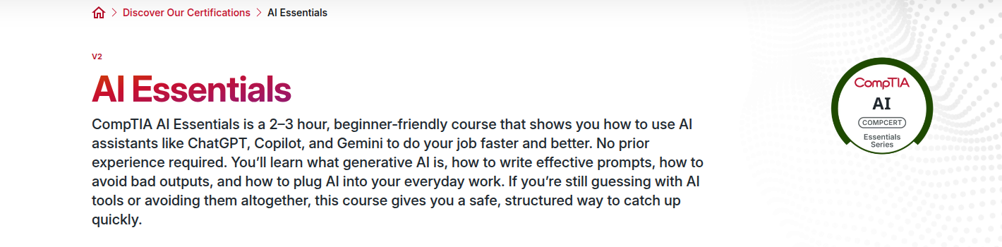 CompTIA AI Essentials hero section showing the title, summary, and AI CompCert badge