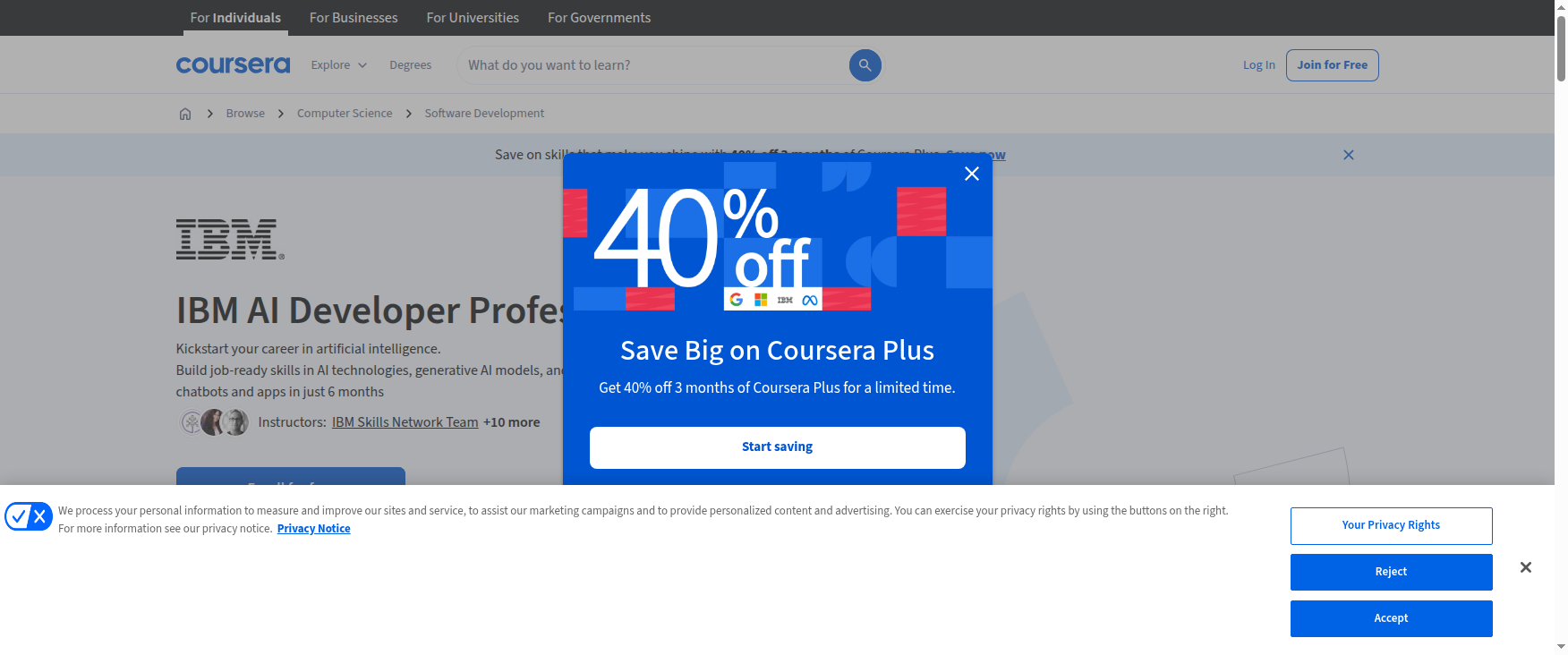 Coursera hero section for the IBM AI Developer Professional Certificate