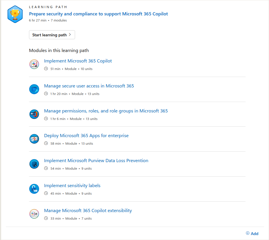 Microsoft Learn path and module list for the Microsoft 365 Copilot applied skill