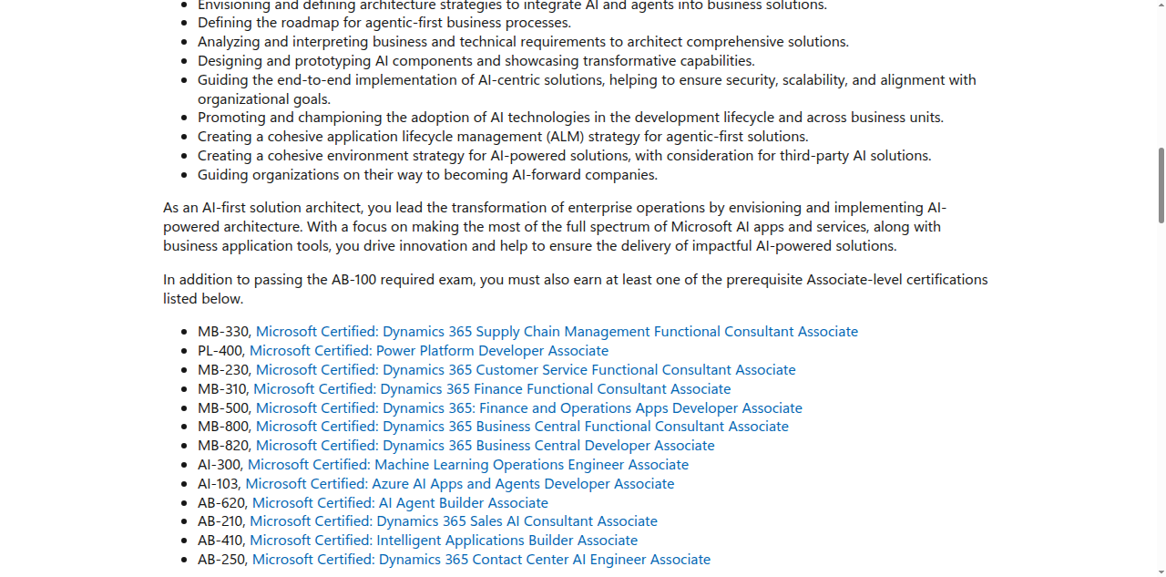 Microsoft Learn credential overview showing its Associate-level AB-100 prerequisite list