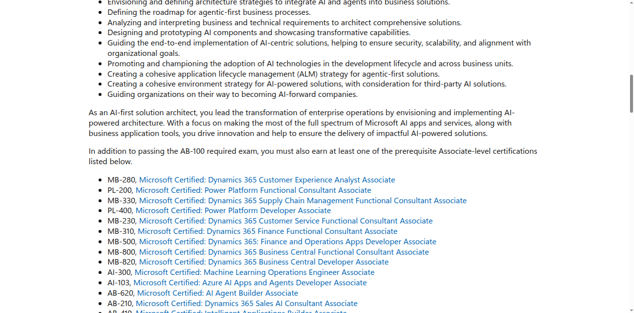 Microsoft Learn AB-100 exam page listing eligible Associate prerequisites including MB-280 and PL-200