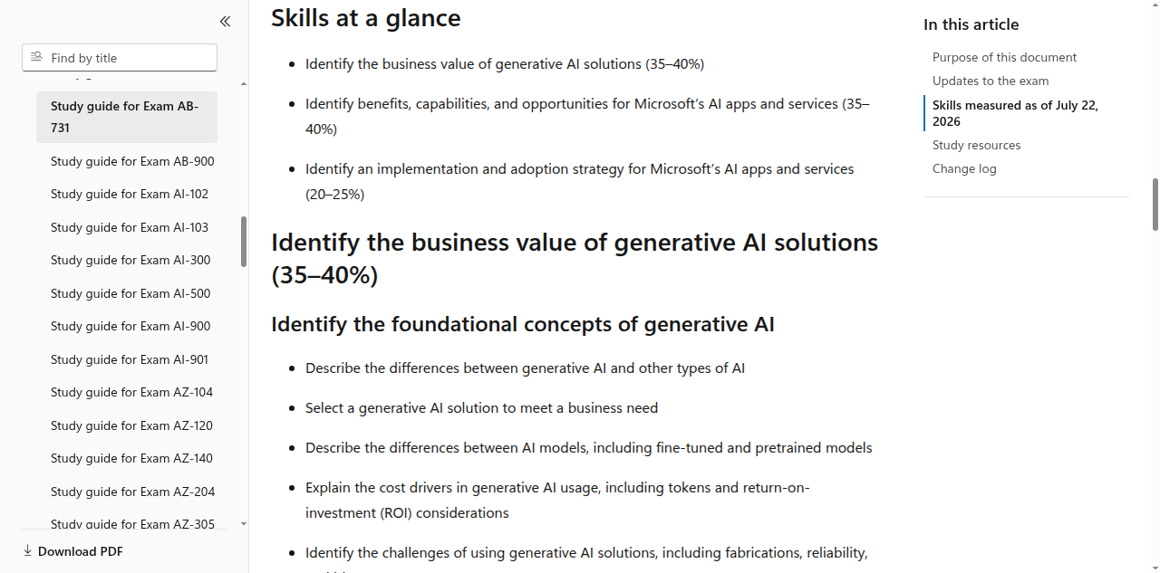 Microsoft Learn AB-731 study guide showing the three skill areas and their July 22, 2026 weights