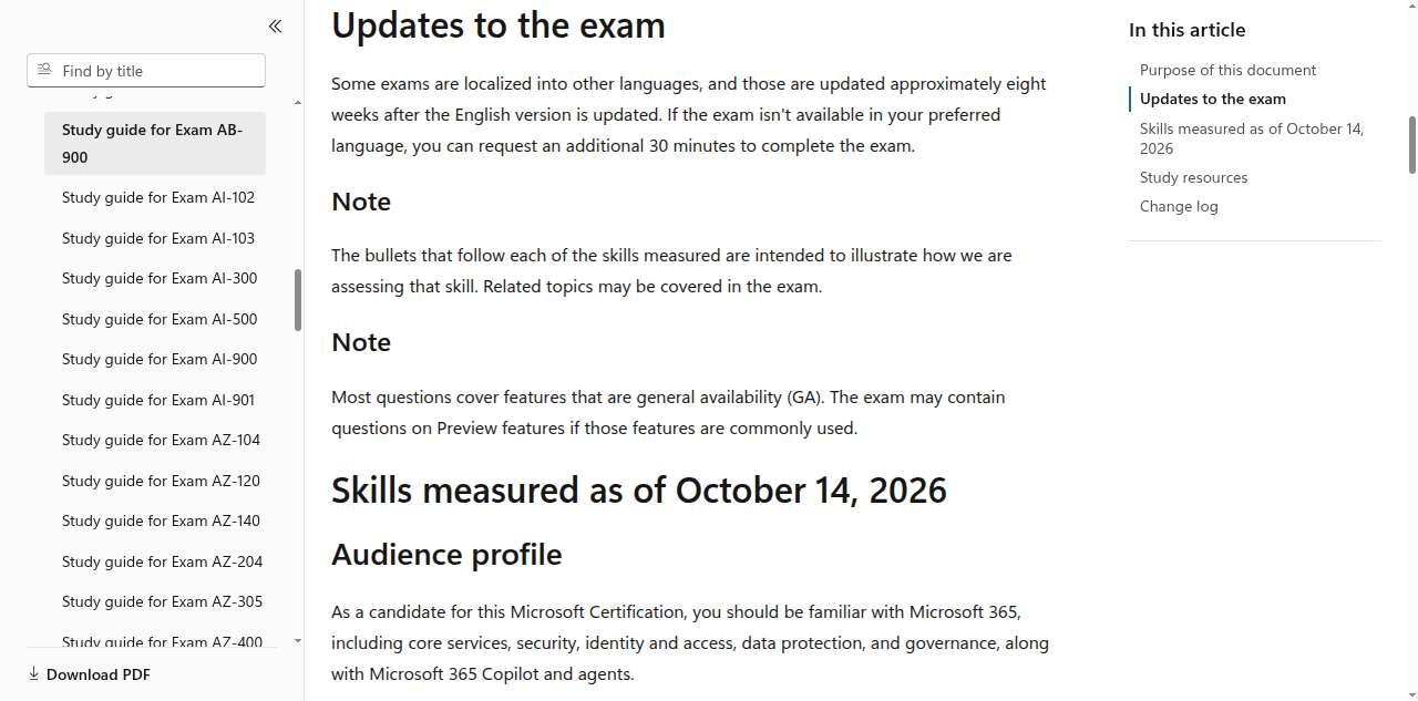 Microsoft Learn AB-900 study guide showing the October 14, 2026 exam-outline update