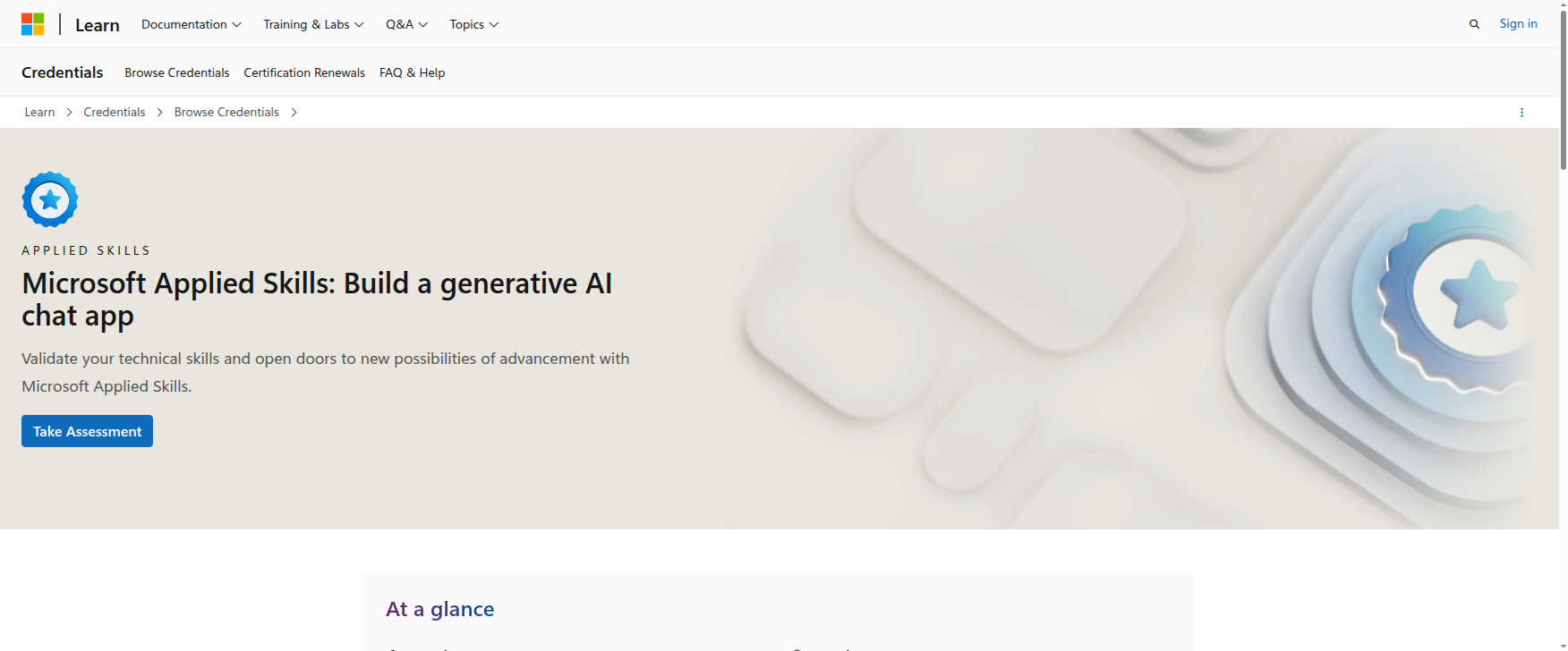 Microsoft Applied Skills credential page for Build a generative AI chat app