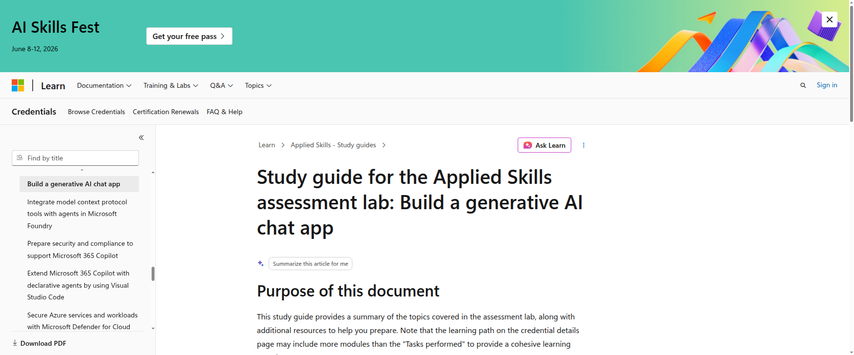 Study guide task list for the Microsoft Applied Skills assessment lab