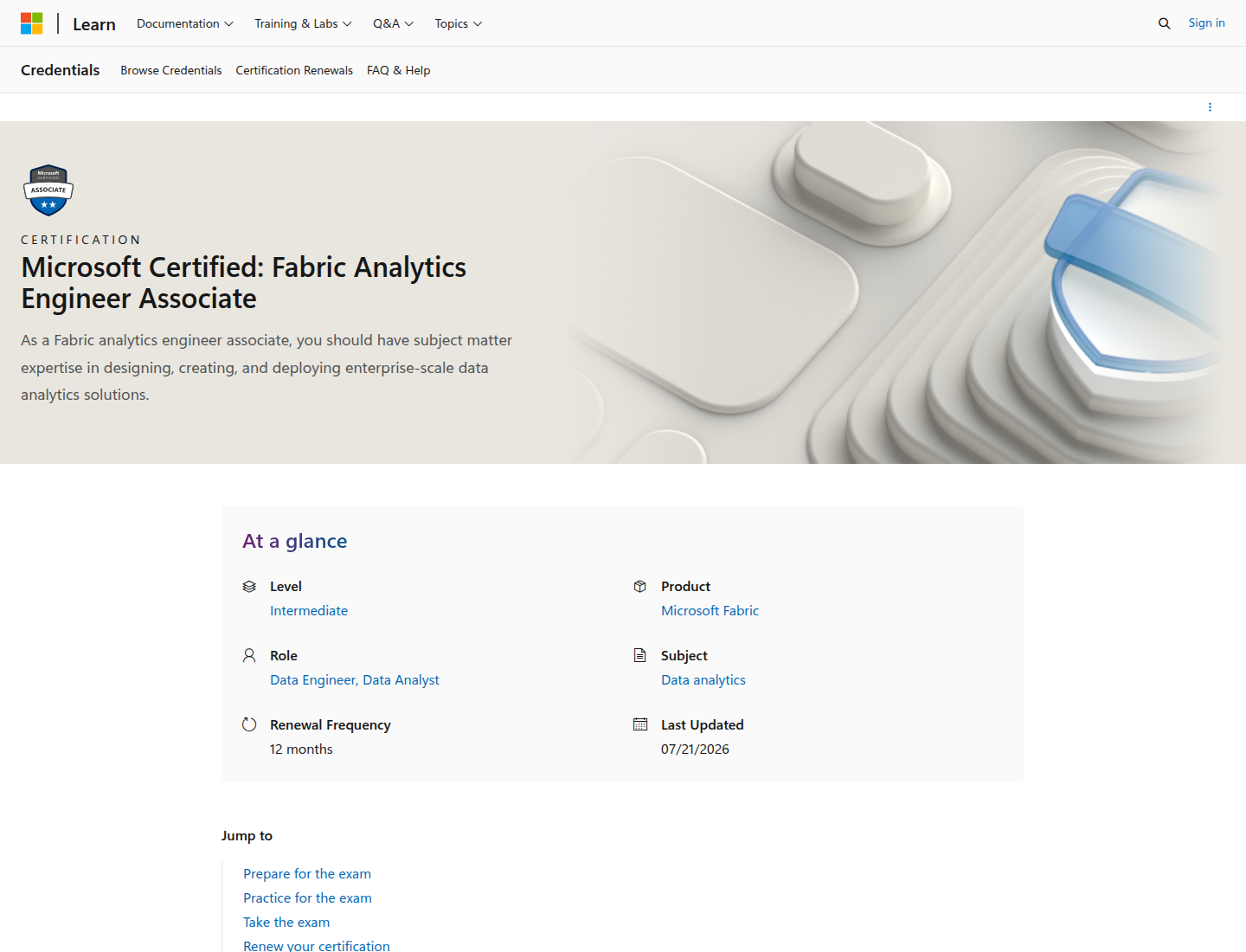 Microsoft Fabric DP-600 certification skills and preparation page