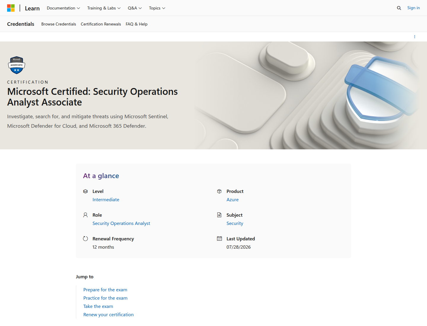Microsoft Security Operations Analyst Associate certification page