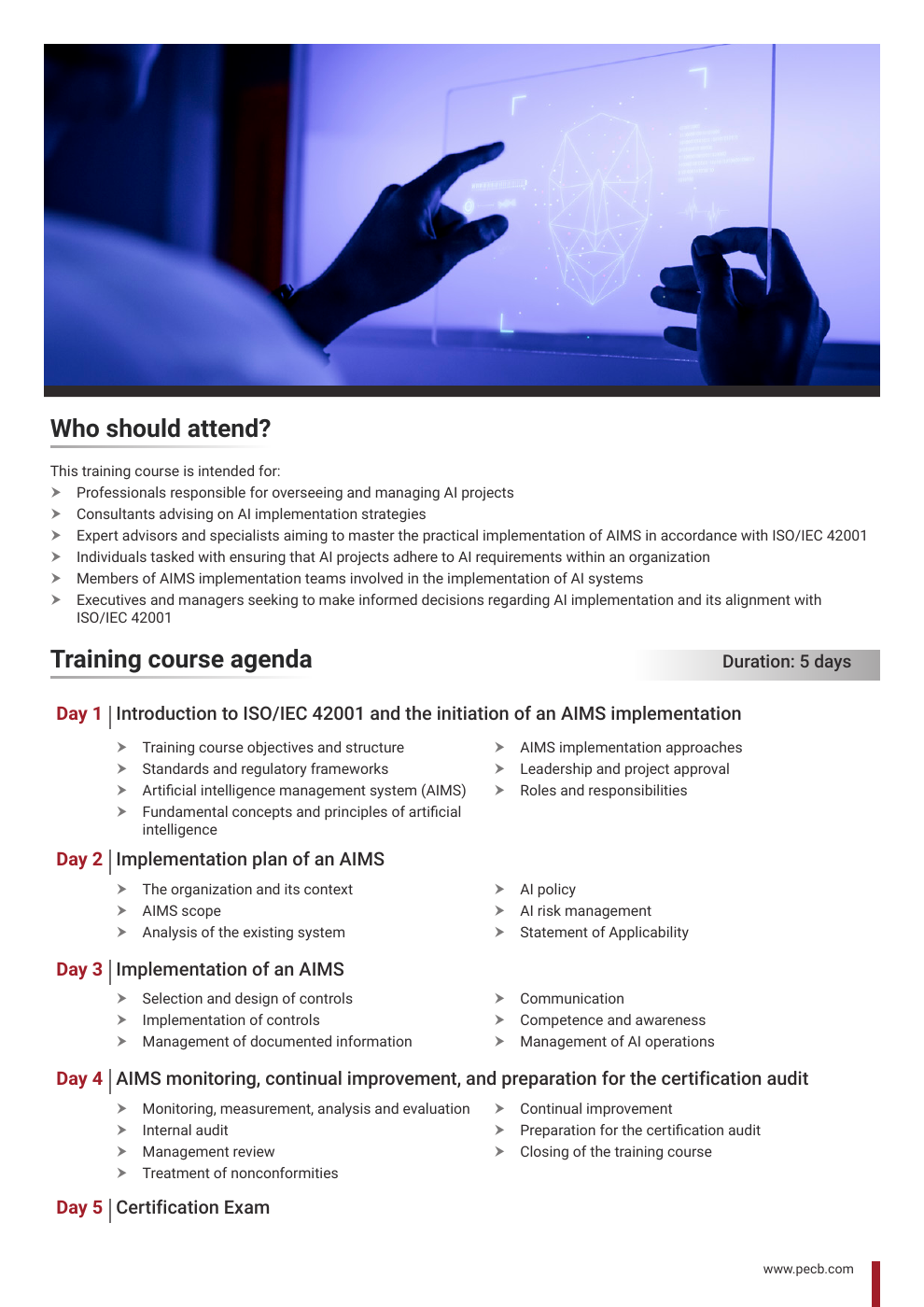 Official PECB ISO/IEC 42001 course brochure: audience and five-day agenda
