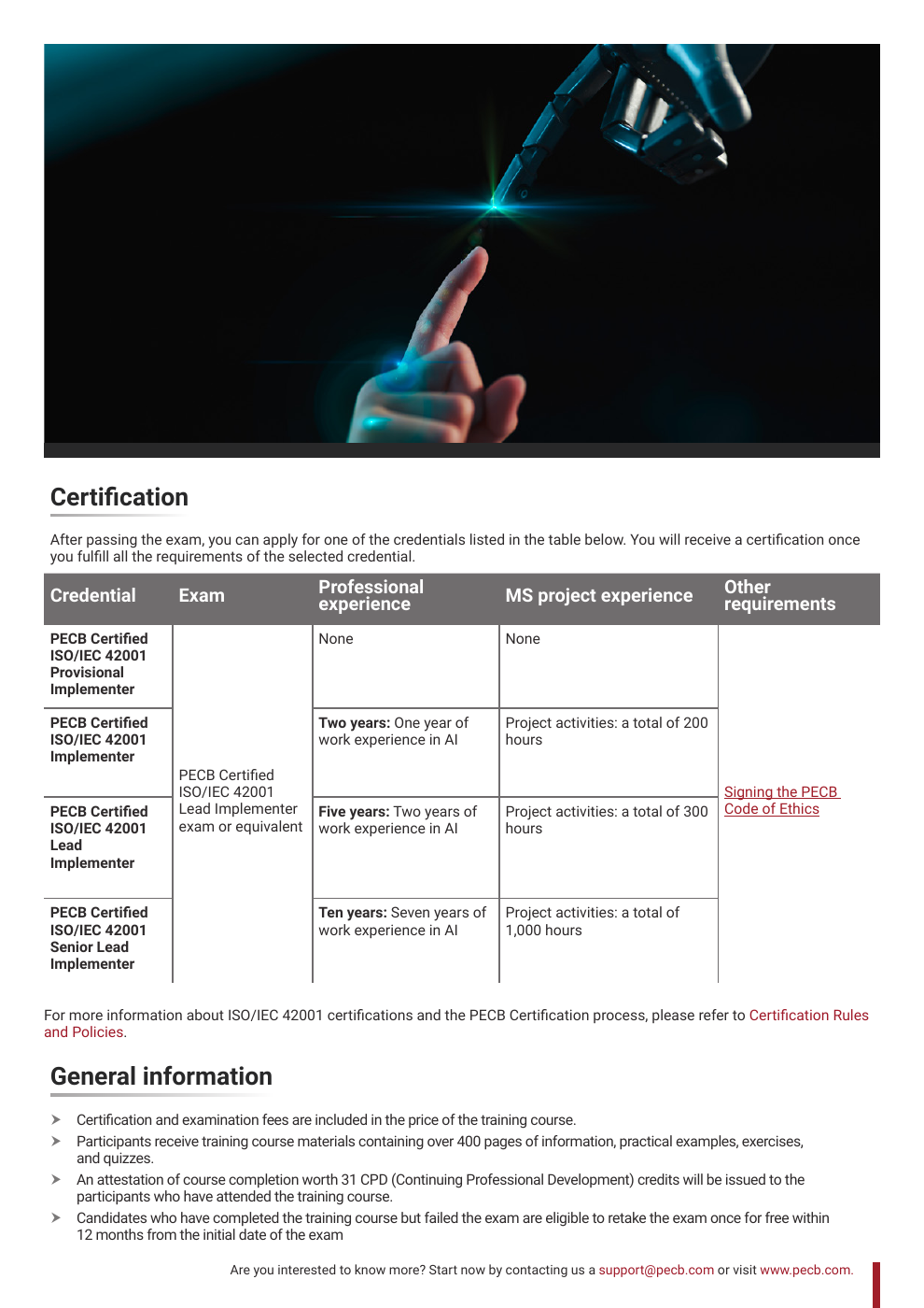 Official PECB brochure page showing experience and project-hour requirements by credential level