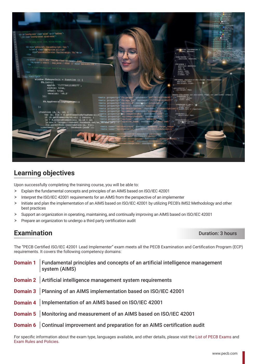Official PECB brochure page showing the Lead Implementer exam duration and six domains