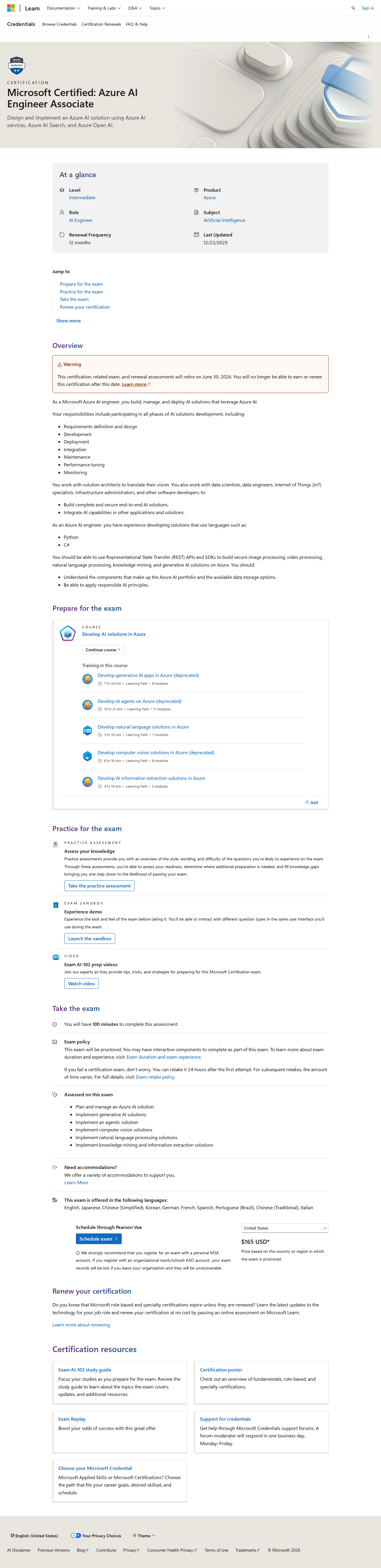 Official Microsoft Learn screenshot for the AI-102 Azure AI Engineer Associate certification page