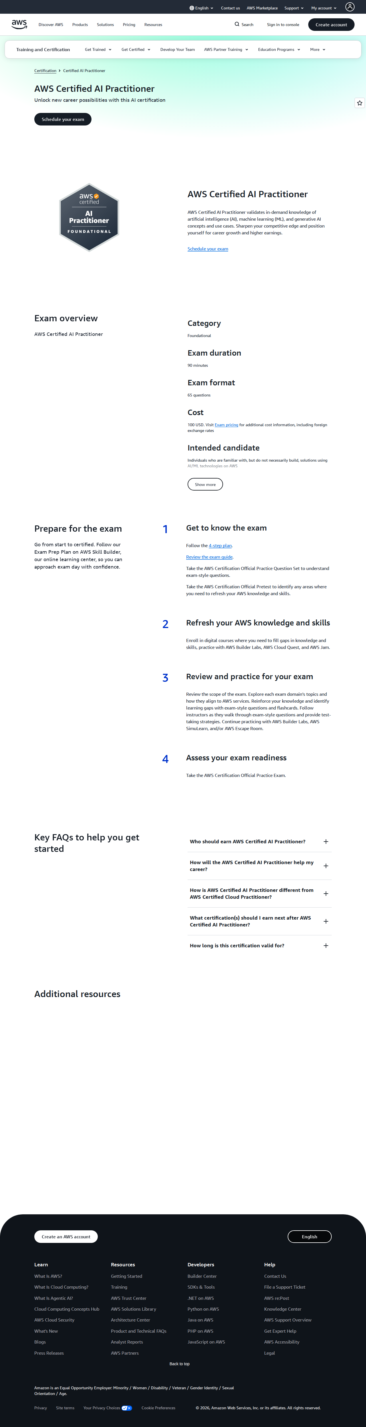 Official AWS screenshot for the AWS Certified AI Practitioner certification page