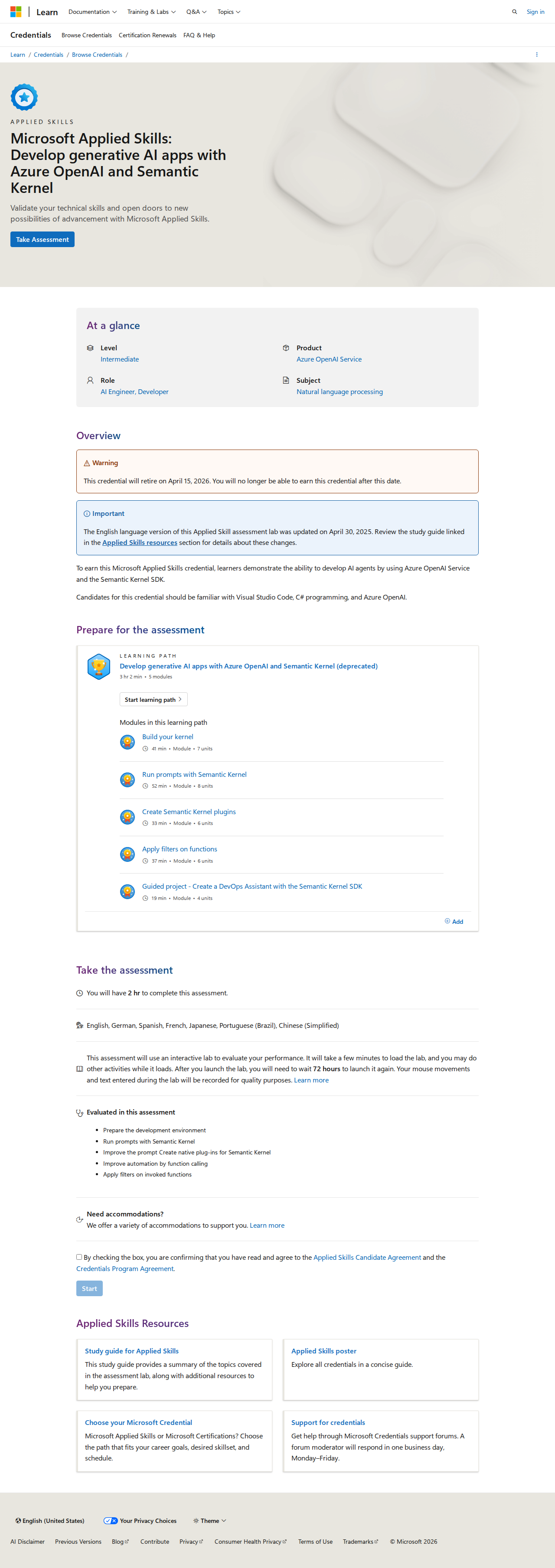 Official Microsoft Learn screenshot for the Azure OpenAI Applied Skills credential page